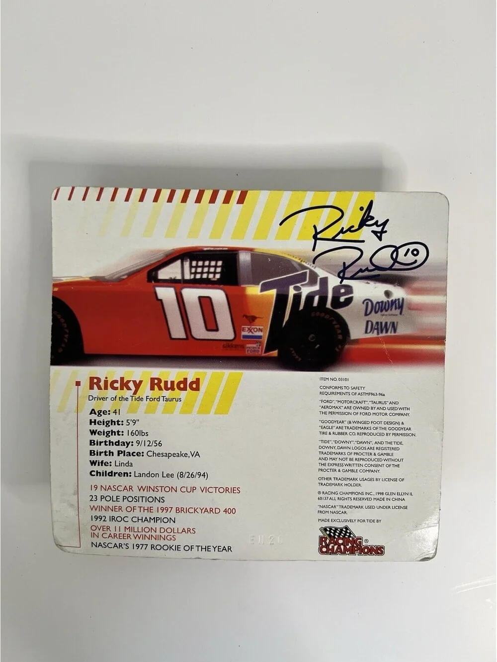 1998 Ricky Rudd AUTOGRAPHED Hauler #10 Tide Racing NASCAR NEW 50th Anniv Taurus